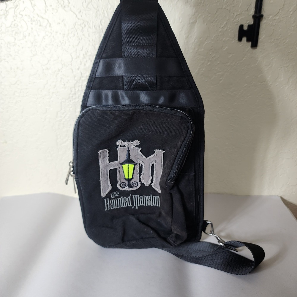 Disney Parks The Haunted Mansion Black Canvas Sling Crossbody Bag HM Logo